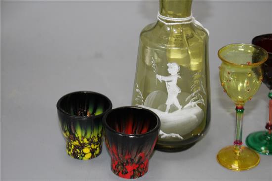 A Mary Gregory style vase, 17cm and ten assorted glass tots